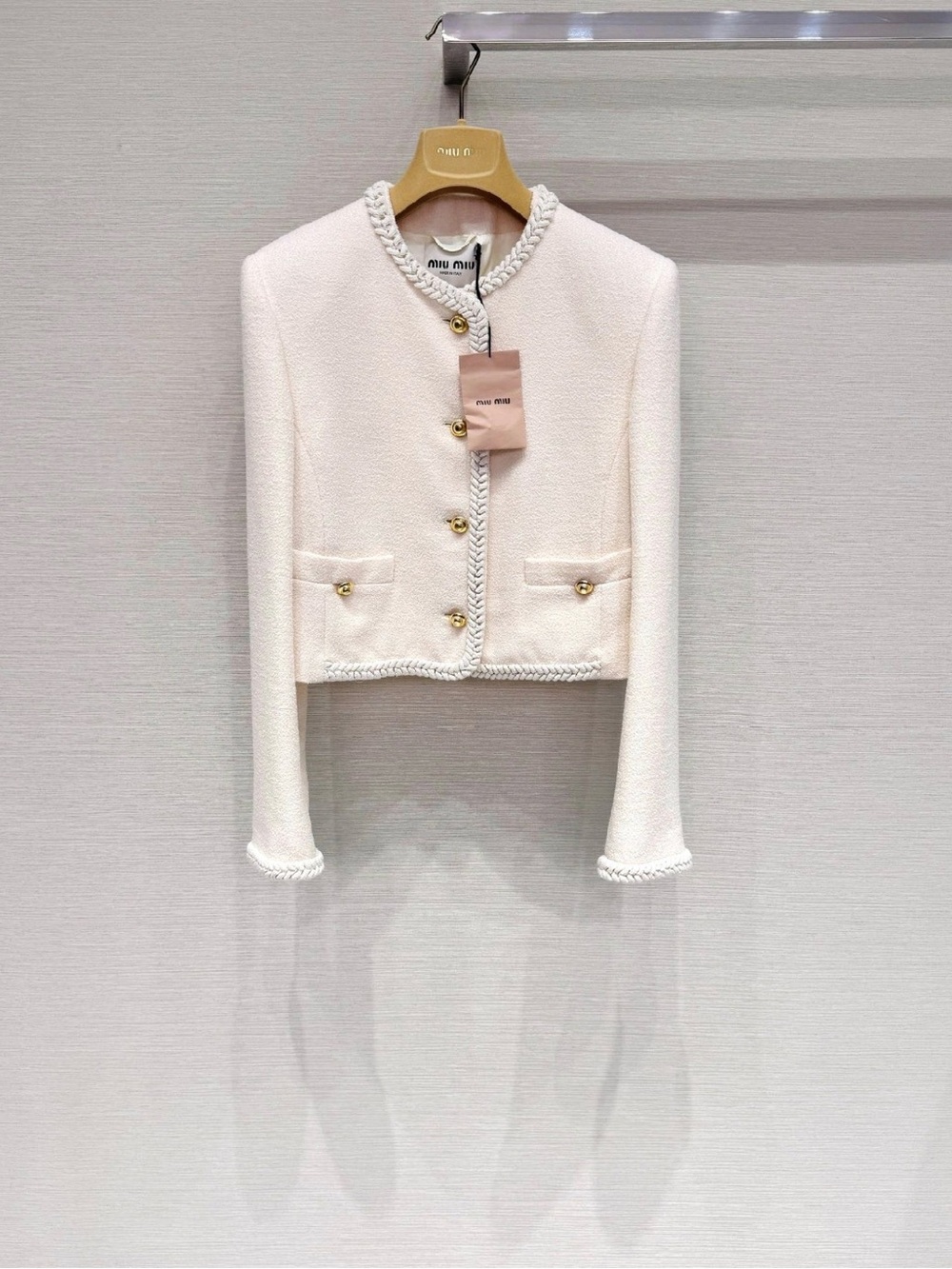 Miu Miu Ivory Braided-Trim Cropped Jacket